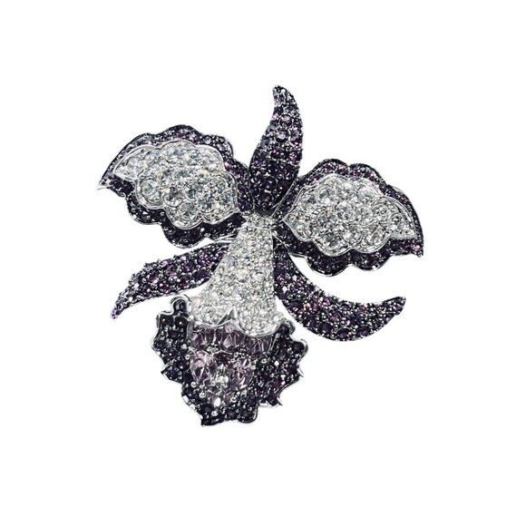 Nolan Miller Silver Tone With Purple And Clear Rhinestone Orchid Brooch (5965) - Picture 2 of 6